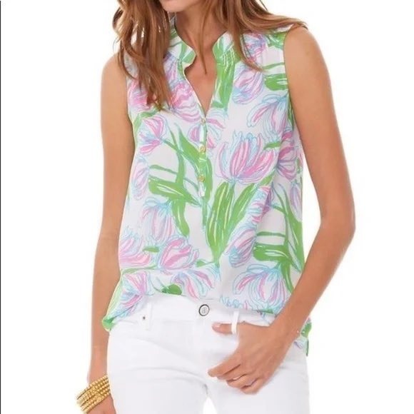 Lilly Pulitzer Houston Top Ring the Bellboy Silk Sleevless Tulips Pink Green S - Picture 1 of 11